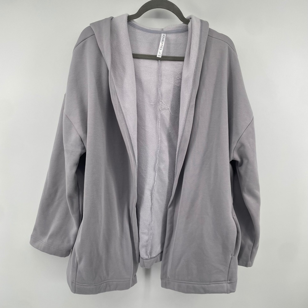 Fabletics Cardigan Women XL Grey Open Front Hooded Fleece Athleisure Loungewear